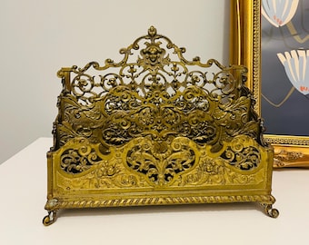 Antique Ornate Brass Letter Sorter Organizer Early 1900s Solid Brass Sectioned Desk Organizer Rococo Regency Gold Cherub Paper Mail Holder