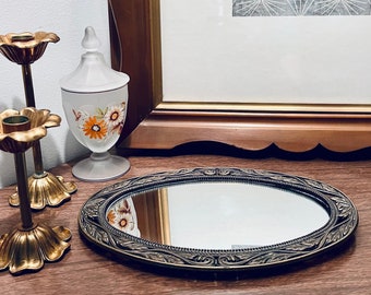Vintage Vanity Perfume Mirror in Ornate Pewter Design