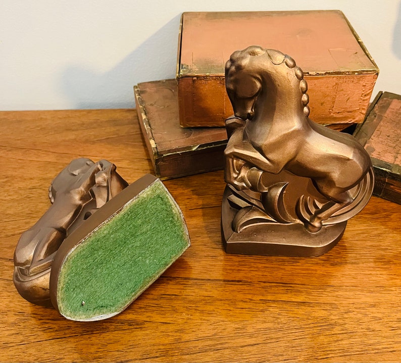 Art Deco Cast Metal Horse Bookends, Pair of Bronze Painted Heavy Metal Equestrian Bookends image 6