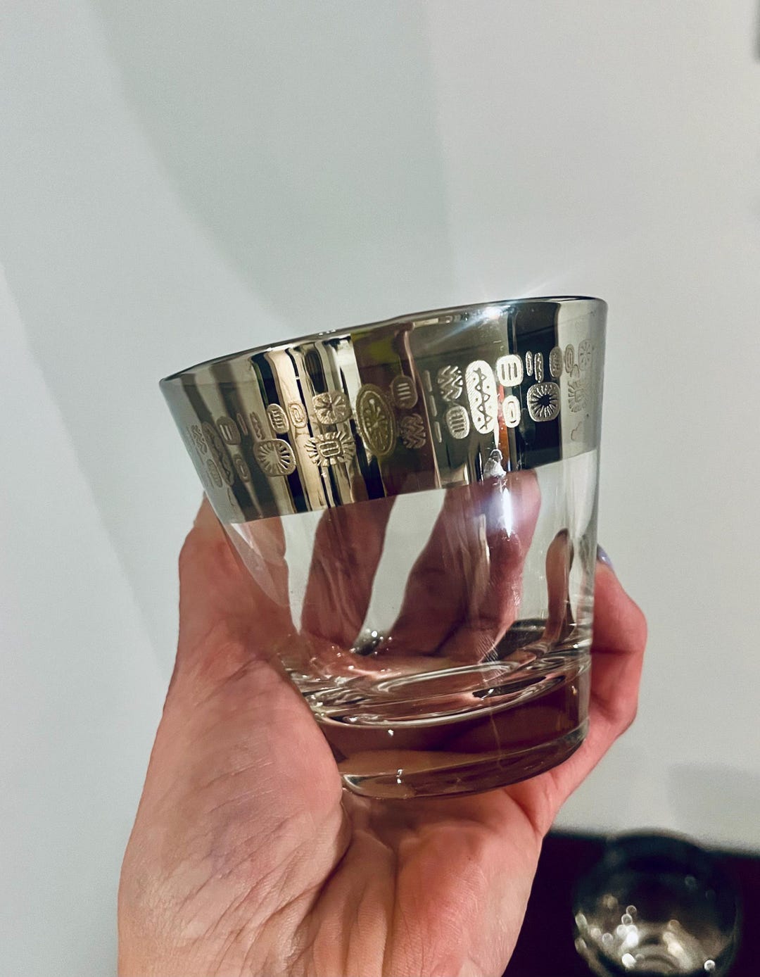 Vintage Set of 6 Atomic Pattern Silver Rimmed Rocks Glasses by ...