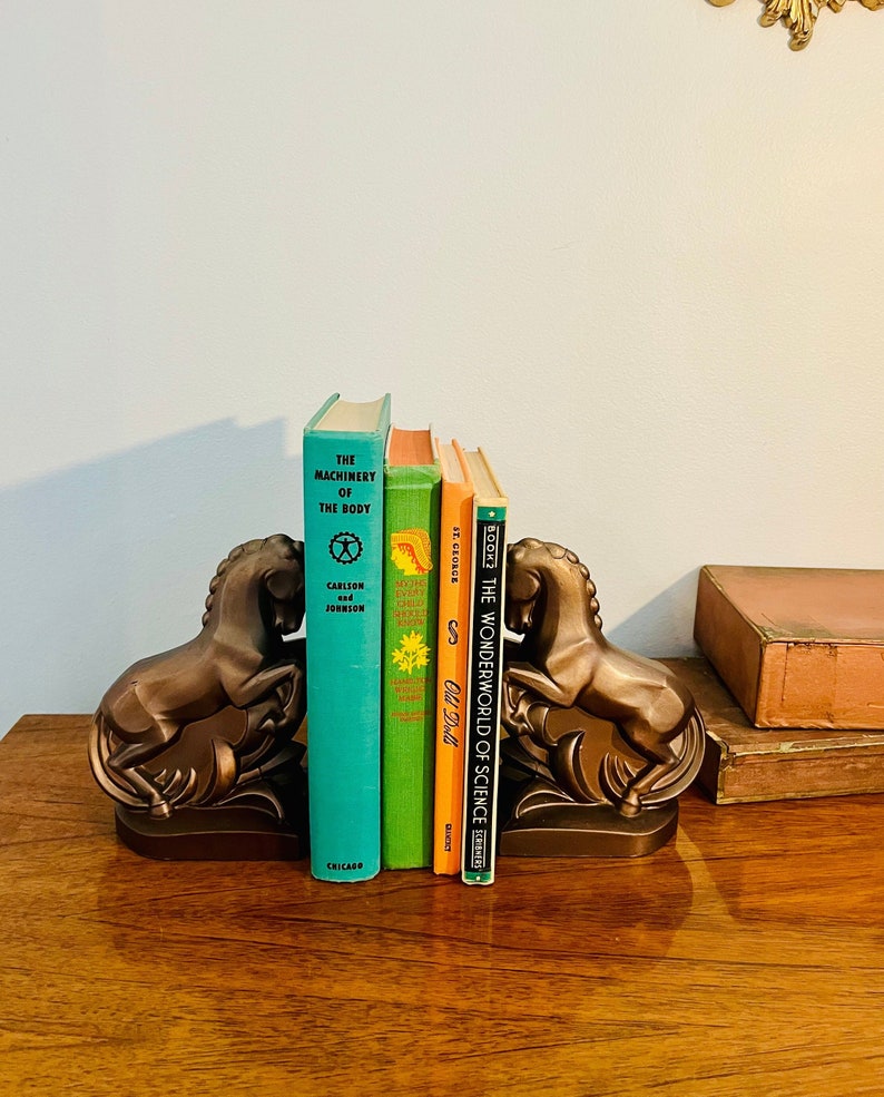 Art Deco Cast Metal Horse Bookends, Pair of Bronze Painted Heavy Metal Equestrian Bookends image 1