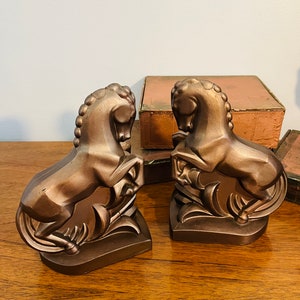 Art Deco Cast Metal Horse Bookends, Pair of Bronze Painted Heavy Metal Equestrian Bookends image 3