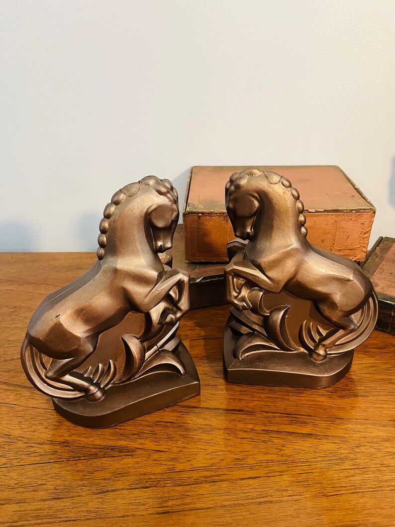 Art Deco Cast Metal Horse Bookends, Pair of Bronze Painted Heavy Metal Equestrian Bookends image 3