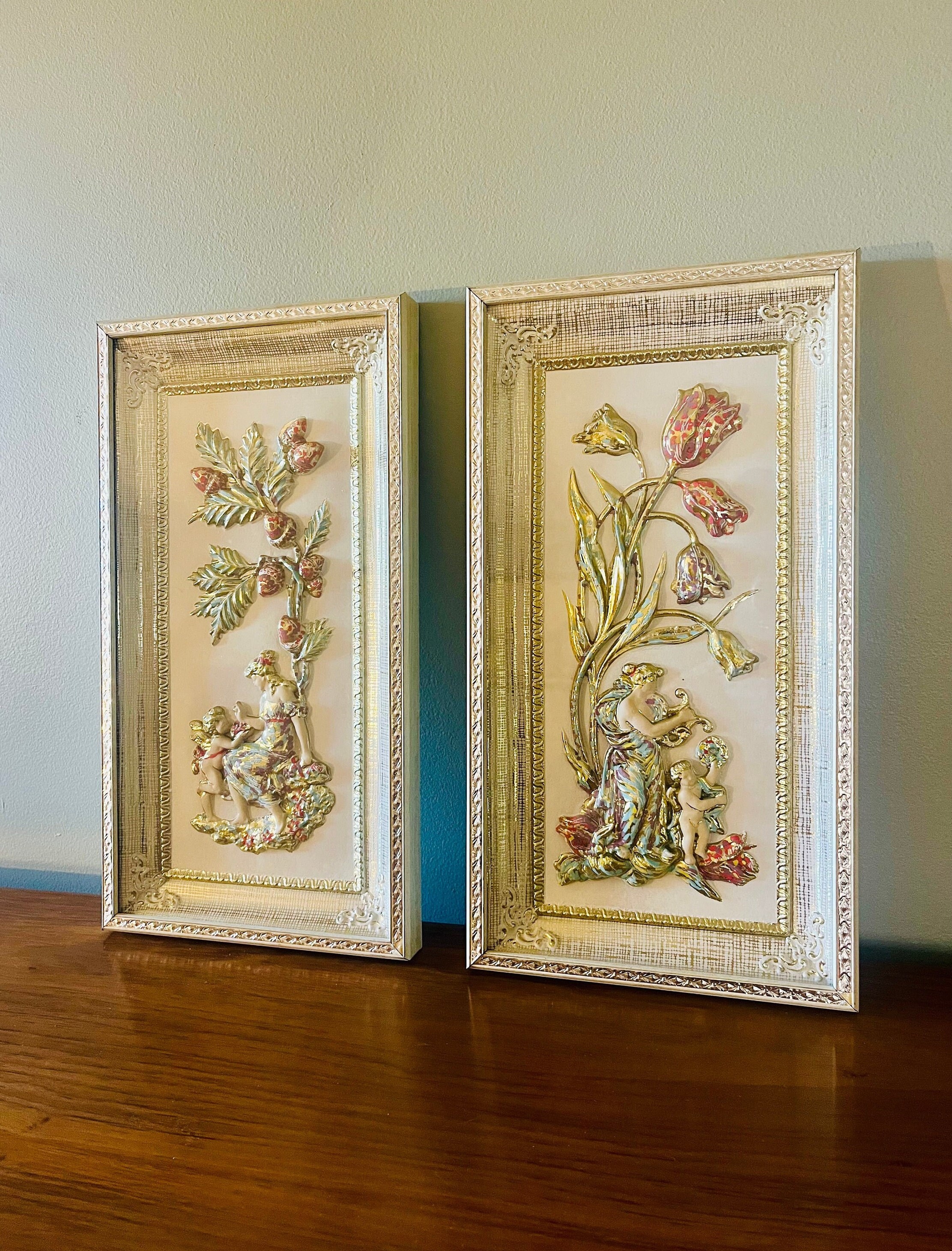 Vintage Pair Rococo Gold Metalcraft Giclee Four Seasons Wall