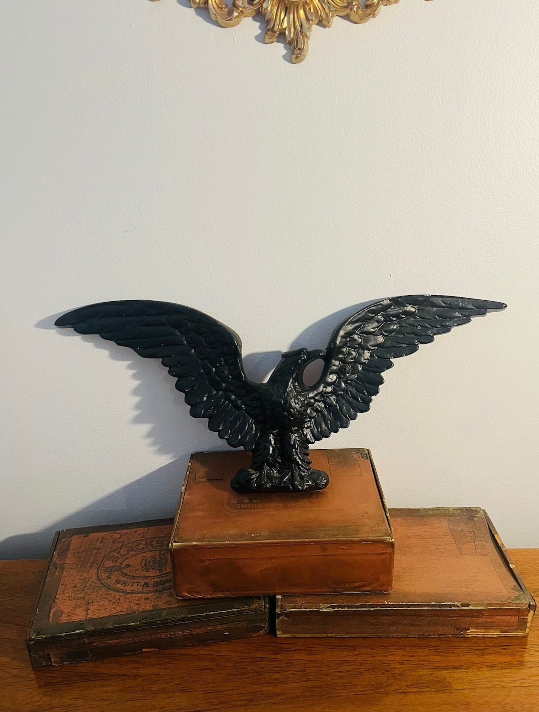 Vintage Cast Iron Black Eagle Wall Hanging, Midcentury Americana Eagle