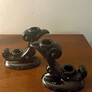 Vintage Art Deco Black Double Scroll Taper Candlestick Holders