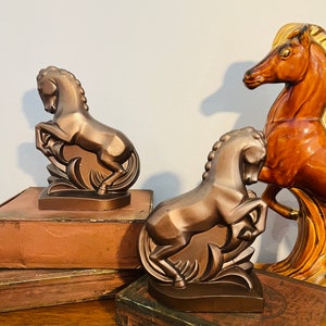 Art Deco Cast Metal Horse Bookends, Pair of Bronze Painted Heavy Metal Equestrian Bookends image 5