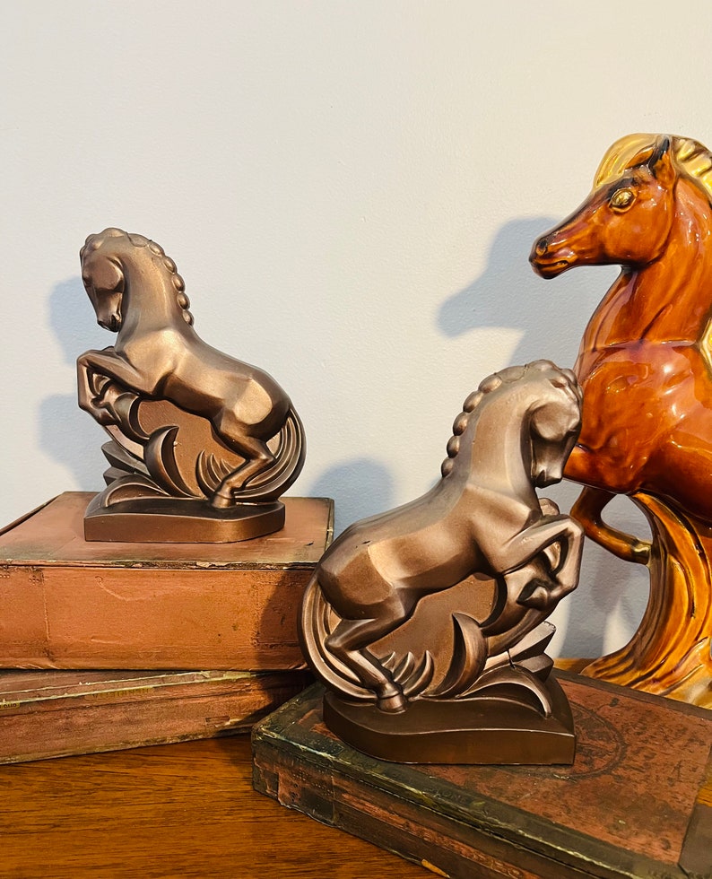 Art Deco Cast Metal Horse Bookends, Pair of Bronze Painted Heavy Metal Equestrian Bookends image 5