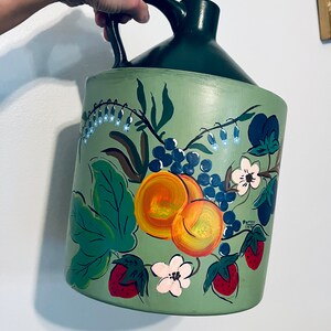 Vintage Folk Art Pottery Art Jug with Hand Painted Fruit and Floral Design