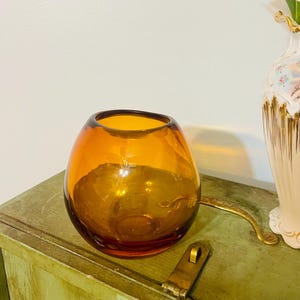 Retro Hand-Blown Amber Round Art Glass Vase Vintage Murano Style Golden Honey Glass