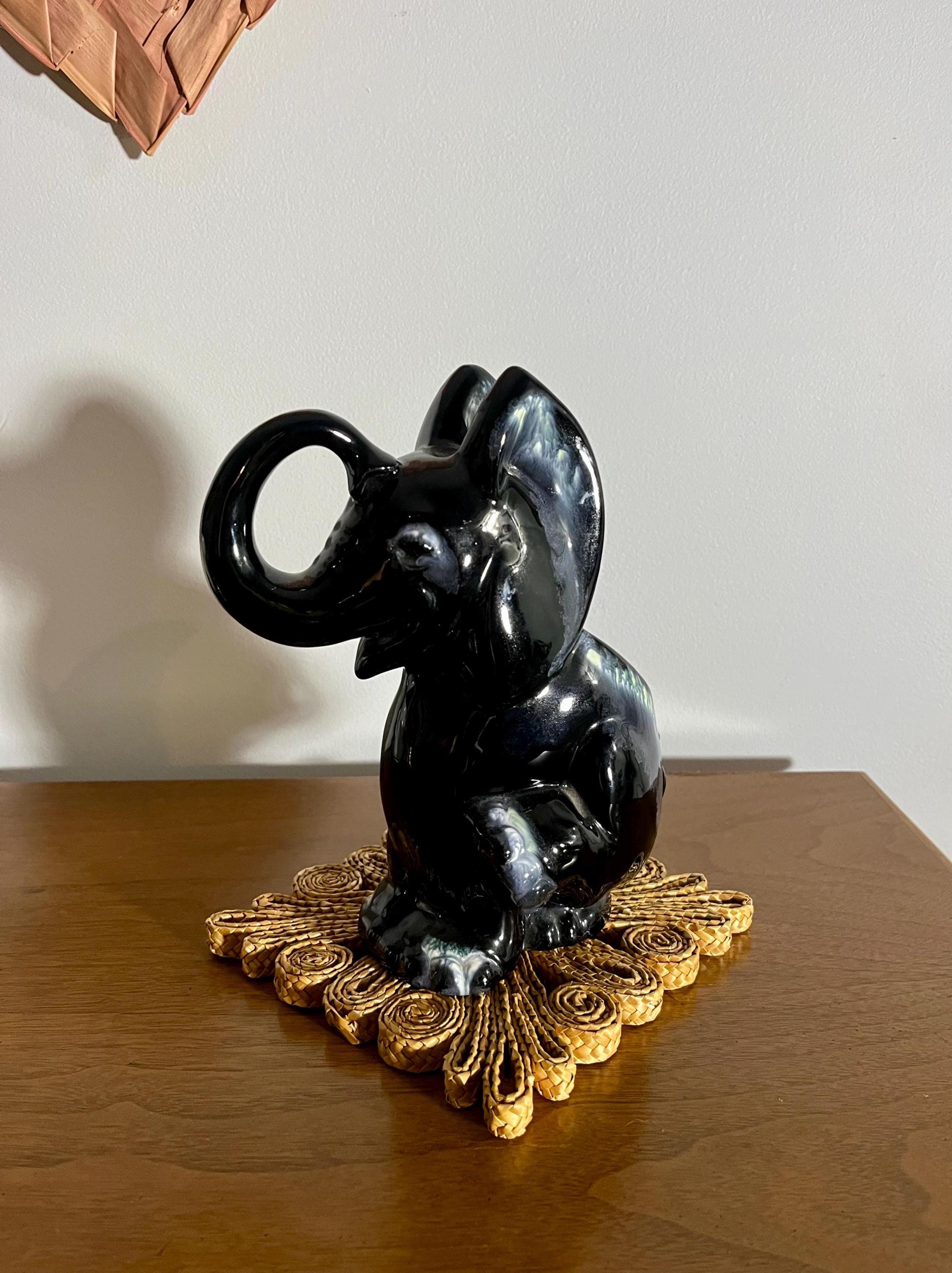 Vintage Haeger Black Drip Glaze Elephant Planter: MCM Ceramic Planter Vase