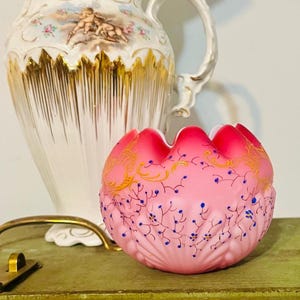 Antique Mt. Washington Rose Bowl: Pink Cased Glass, Gold Seaweed Enamel, Seashell Design