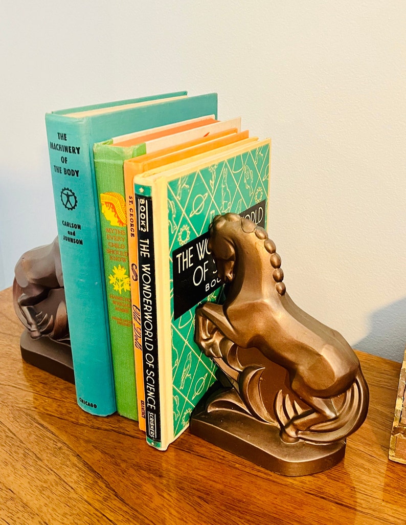 Art Deco Cast Metal Horse Bookends, Pair of Bronze Painted Heavy Metal Equestrian Bookends image 7