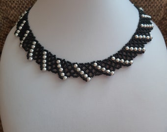 Hand-threaded black chain with silver beads