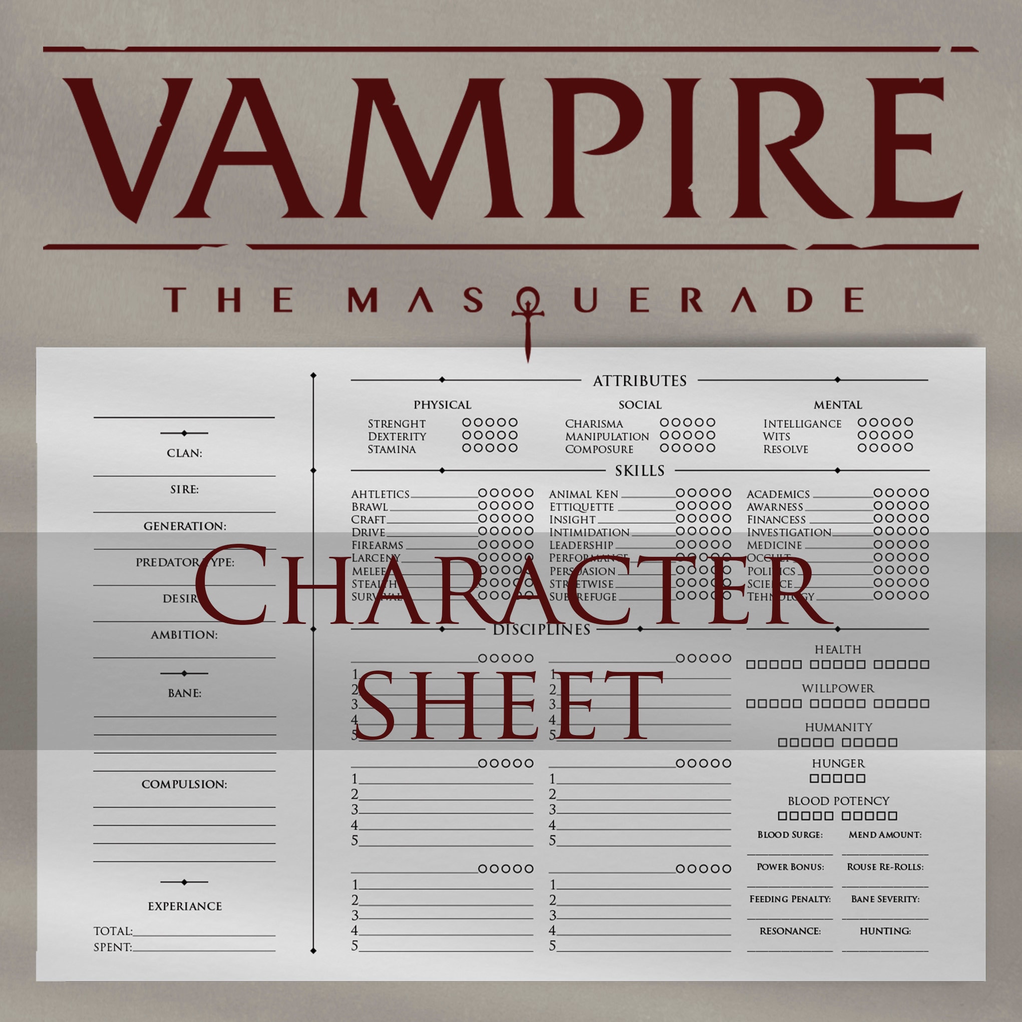 VTM Minimalistic Character Sheet Vampire the Masquerade V5 Etsy