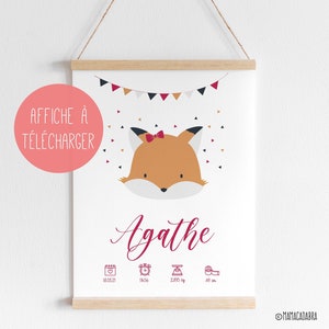 Personalized fox birth poster, souvenir baby poster, baby girl birth gift, digital poster