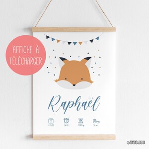 Personalized fox birth poster, souvenir baby poster, baby boy birth gift, digital poster