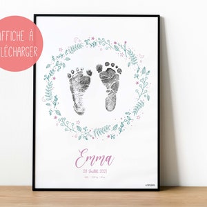Poster for personalized footprints, baby girl, Baby souvenir poster, baby girl birth gift, digital poster