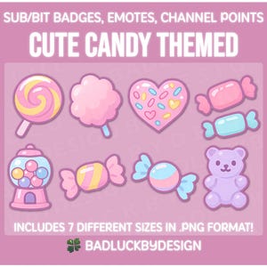 May include: A collection of cute candy-themed digital graphics in various shapes and colors, including a lollipop, cotton candy, a heart, wrapped candies, a gumball machine, and a gummy bear. The text reads "CUTE CANDY THEMED".