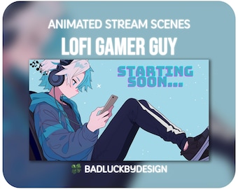 Animated LoFi Gamer Guy Stream Scenes - Blue Anime Twitch Screens | Vtuber Background | Instant Download