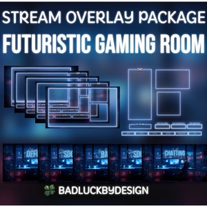 Pacote de transmissão futurista da sala de jogos azul | Sobreposições de cenas Painéis de alertas animados Quadros de webcam para Twitch | Tema Futuro Cyberpunk