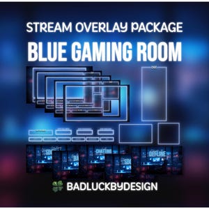 Pacote de Streaming Animado para Sala de Jogos Azul - Sobreposições, Cenas, Alertas e Painéis Futuristas para Twitch (Download Digital)