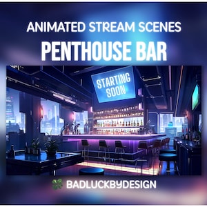 Animerade streamscener från takvåningsbaren - Neon Cyberpunk Futuristiska Twitch-skärmar | Vtuber-bakgrund | Direktnedladdning
