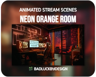 Geanimeerde oranje kamerstreamscènes - neon cyberpunk-twitch-schermen | Vtuber-achtergrond | Direct downloaden
