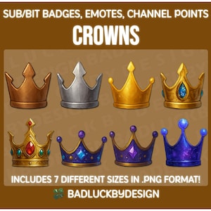 8x Crown Subscriber Bit Badges Emotes | Twitch Streamer Assets | Fantasy Galaxy Royalty King Queen Tiara Emojis | Instant Download PNG Files