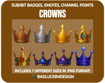 8x Crown Twitch-badges/emotes - Fantasy Galaxy Royal King & Queen Streamer Assets (PNG-download)