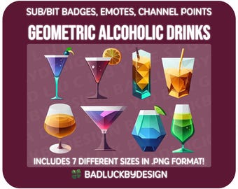 8x Geometric Alcoholic Drinks Twitch Badges/Emotes - Martini, Cocktail, Liquor Streamer Assets (PNG Download)