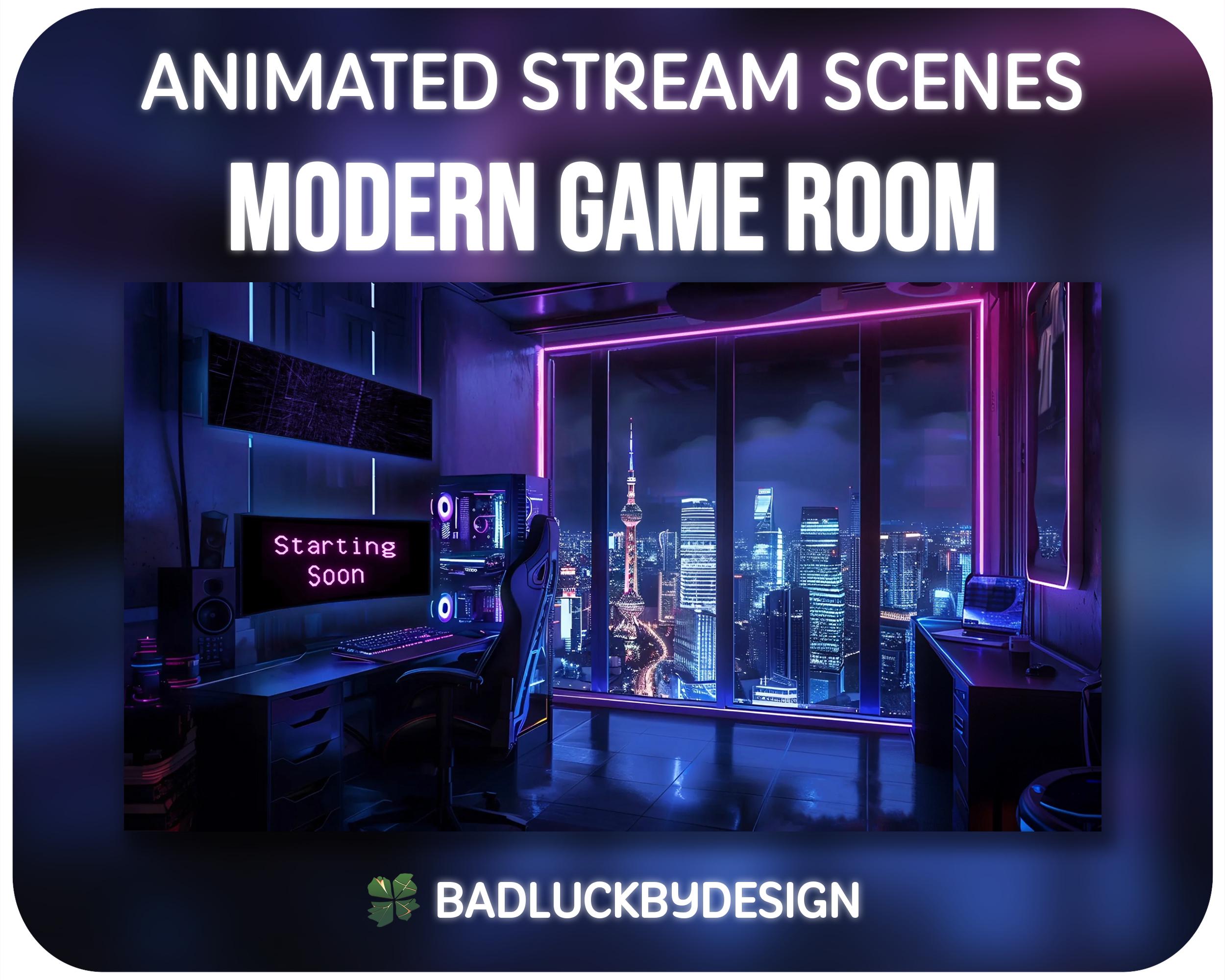 Modern Game Room Animated Stream Scenes Pack | Cyberpunk Twitch Screens, Starting Soon, Be Right Back, Just Chatting, Offline, Ending Soon