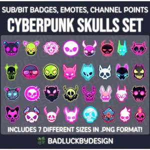 Op de afbeelding: Een set van 36 cyberpunk-schedelbadges en emoticons in verschillende neonkleuren, waaronder roze, blauw, groen en paars. De schedels hebben verschillende ontwerpen, waaronder hoorns, oren en zonnebrillen. De tekst "SUB/BIT BADGES, EMOTES, CHANNEL POINTS CYBERPUNK SKULLS SET" staat bovenaan de afbeelding. De tekst "INCLUDES 7 DIFFERENT SIZES IN .PNG FORMAT!" staat onderaan de afbeelding. De tekst "BADLUCKBYDESIGN" staat onderaan de afbeelding.