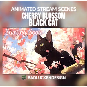 Animated Black Cat Stream Scenes - Cherry Blossom Anime Twitch Screens | Vtuber Background | Instant Download