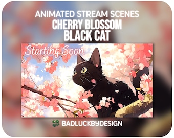 Animated Black Cat Stream Scenes - Cherry Blossom Anime Twitch Screens | Vtuber Background | Instant Download