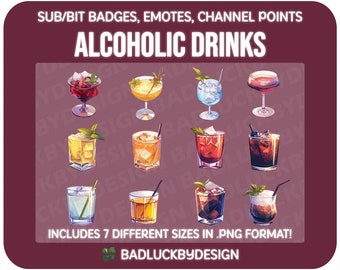 12x Alcoholic Drinks Twitch Badges/Emotes - Martini, Wine & Liquor Glass Streamer Assets (Instant PNG Download)
