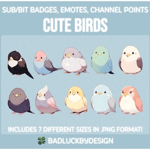 10 insignias de suscripción de pájaros lindos, emoticones, activos de transmisión de Twitch, emojis de animales kawaii de Birb, archivos PNG de descarga instantánea