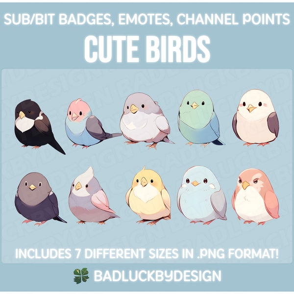 10x Cute Birds Sub/Bit Badges/Emotes | Twitch Streamer Assets | Birb Animal Kawaii Emotes Emojis Anime Avian | Instant Download PNG Files