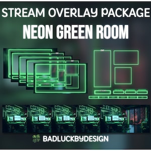 Puede incluir: Paquete de superposición de transmisión verde neón con un fondo de sala verde. El paquete incluye un cuadro de chat, una tarjeta de título y varios otros elementos. La superposición está diseñada para ser utilizada en Twitch, YouTube y otras plataformas de transmisión.