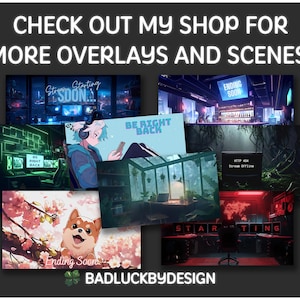 Peut inclure: Un collage de superpositions num&eacute;riques pour le streaming, pr&eacute;sentant des sc&egrave;nes d'une configuration de jeu, d'une for&ecirc;t, d'un cerisier en fleurs et d'une ville. Le texte "CHECK OUT MY SHOP FOR MORE OVERLAYS AND SCENES!" est en haut de l'image. Le texte "BADLUCKBYDESIGN" est en bas de l'image.