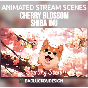 柴犬桜の子犬のアニメーションストリームシーン | かわいい花柄のTwitchスクリーンパック | まもなく開始/終了、BRB、チャット中、オフライン
