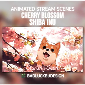 柴犬の子犬のアニメーション配信シーン - 桜のTwitchスクリーン | Vtuber背景 | インスタントダウンロード