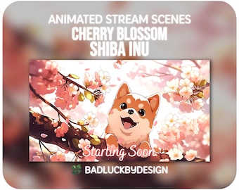 Geanimeerde Shiba Inu-puppystreamscènes - Twitch-schermen met kersenbloesem | Vtuber-achtergrond | Direct downloaden