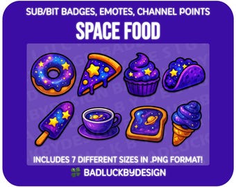 8x Space Food Drink Twitch Badges/Emotes - Galaxy Fantasy Sci-Fi Streamer Assets (PNG Download)