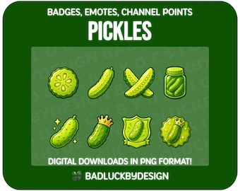 8x Pickle Twitch Subscriber Badges/Emotes - Cucumber Snack Food Streamer Assets (PNG Download)