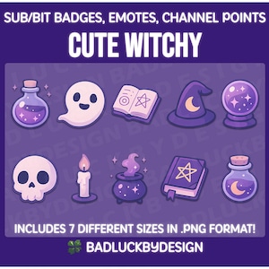 10x süße Witchy Themed Twitch Badges/Emotes - Lila Geist Hexe Halloween Spooky Streamer Accessoires (Instant PNG Download)