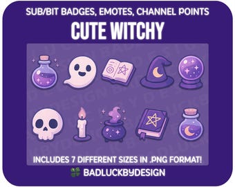 10x Witchy Themed Twitch Badges/Emotes - Purple Ghost Halloween Spooky Streamer Assets (Instant Download)
