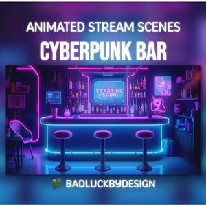 Animerade Cyberpunk-barstreamscener - Neonfuturistiska Twitch-skärmar | Vtuber-bakgrund | Direktnedladdning