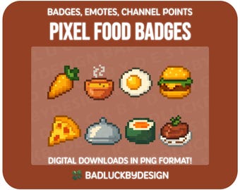 8x Pixel Food Twitch Badges/Emotes - Burger PIzza Sushi Veggie Streamer Assets (PNG Download)