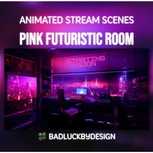 Escenas animadas de salas de juegos: pantallas de Twitch de oficina futurista rosa / fondo de Vtuber / descarga instantánea